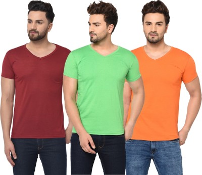 Jaskart Solid Men V Neck Maroon, Orange, Light Green T-Shirt