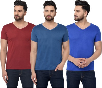 Adorbs Solid Men V Neck Dark Blue, Maroon T-Shirt