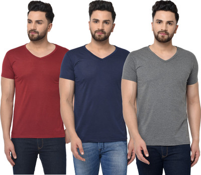 Bribzy Solid Men V Neck Dark Blue, Maroon, Grey T-Shirt