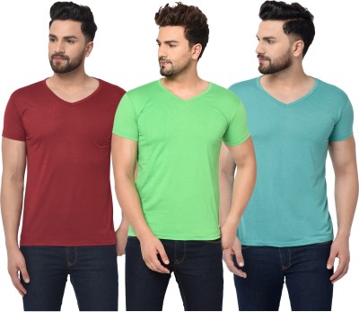 Bribzy Solid Men V Neck Maroon, Light Green T-Shirt