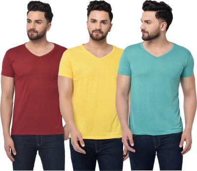 Adorbs Self Design Men V Neck Light Blue, Maroon, Yellow T-Shirt