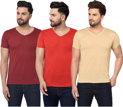 Jangoboy Solid Men V Neck Red, Maroon, Beige T-Shirt
