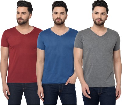 Jaskart Solid Men V Neck Blue, Maroon, Grey T-Shirt