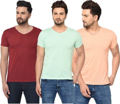 Bribzy Solid Men V Neck Maroon, Beige, Light Green T-Shirt