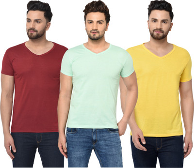 Jangoboy Solid Men V Neck Maroon, Yellow, Light Green T-Shirt