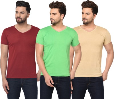 Jaskart Solid Men V Neck Maroon, Beige, Light Green T-Shirt