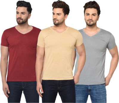 Jangoboy Solid Men V Neck Maroon, Beige, Grey T-Shirt