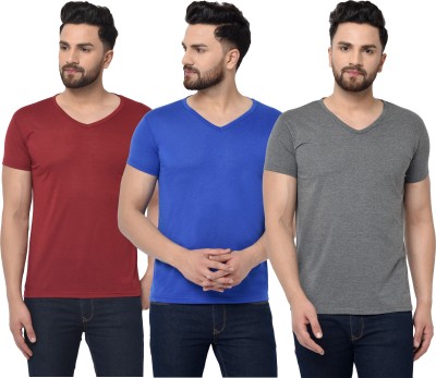 Jaskart Solid Men V Neck Maroon, Blue, Grey T-Shirt