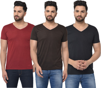 Adorbs Self Design Men V Neck Brown, Blue, Maroon T-Shirt