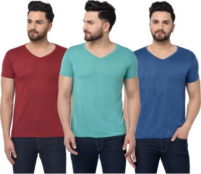 Jangoboy Self Design Men V Neck Dark Blue, Maroon, Light Green T-Shirt