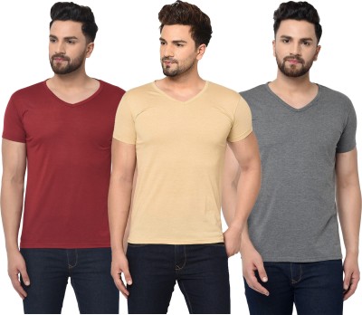 Bribzy Solid Men V Neck Multicolor T-Shirt