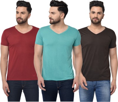 Adorbs Solid Men V Neck Brown, Blue, Maroon T-Shirt