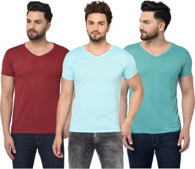 Bribzy Solid Men V Neck Light Blue, Green, Maroon T-Shirt