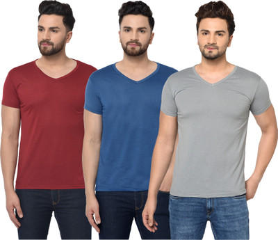 Jangoboy Solid Men V Neck Dark Blue, Maroon, Grey T-Shirt