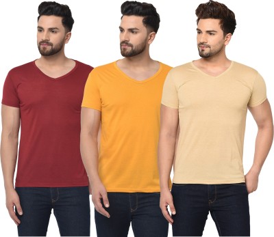 Bribzy Solid Men V Neck Maroon, Beige, Yellow T-Shirt