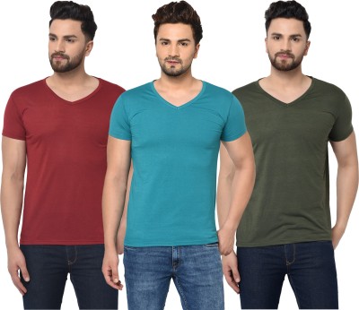 Bribzy Solid Men V Neck Green, Maroon, Blue T-Shirt