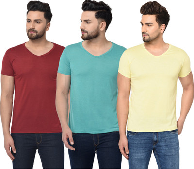 Jangoboy Self Design Men V Neck Light Blue, Maroon, Yellow T-Shirt