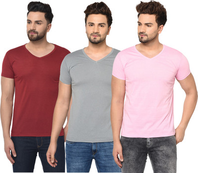 Bribzy Solid Men V Neck Maroon, Pink, Grey T-Shirt