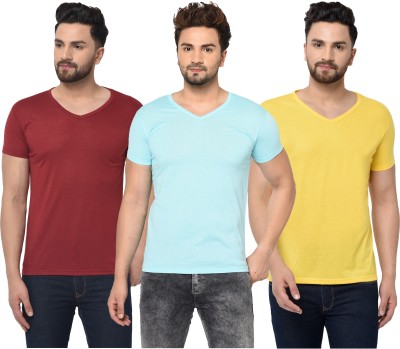 Bribzy Solid Men V Neck Maroon, Blue, Yellow T-Shirt