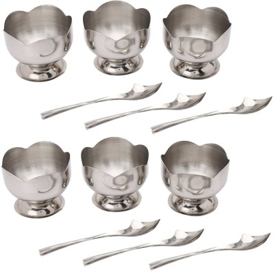 upalabdh Stainless Steel Soup Bowl 6 PCs Ice Cream Bowl Dinner Set Ice Cream Cup Set with 6 PCs Dessert Spoon(Pack of 12, Steel)