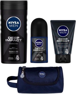 NIVEA Men's Grooming Combo - Deep Impact Shower Gel 250 ml, Roll On 50 ml, Face Wash 100 ml and Grooming Kit Bag  (4 Items in the set)