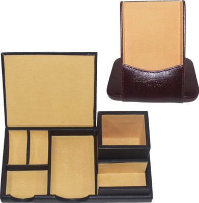 LINDSEY STREET 7 Compartments Leather Stationery Organizer(Dark Brown)