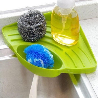 QOLARIS Kitchen Sink Corner Multipurpose Organizer Wash Basin | Sponge Soap Scrub Brush Storage Plastic Holder Rack with Suction Cup | V Shape | Multi -Colour | (Multicolor) Plastic Wall Shelf(Number of Shelves - 1, Green)