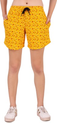 UZARUS Printed Women Yellow Basic Shorts, Regular Shorts