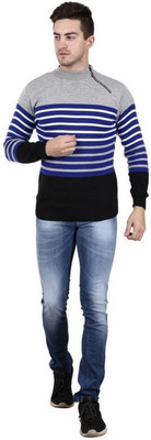 panv Self Design High Neck Casual Men Blue, Grey Sweater