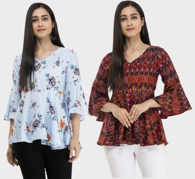 Annectant Casual Flared Sleeve Floral Print Women Light Blue, Maroon Top