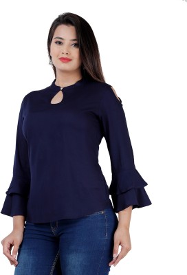 Fab Star Casual Bell Sleeve Solid Women Blue Top