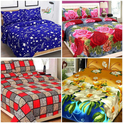 SUJATA 150 TC Polycotton Double 3D Printed Flat Bedsheet(Pack of 4, Multicolor)