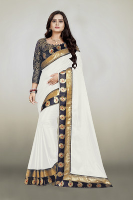 MM VENTURE Woven, Solid/Plain Bollywood Silk Blend Saree(White)