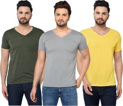 Jaskart Self Design Men V Neck Dark Green, Grey, Yellow T-Shirt