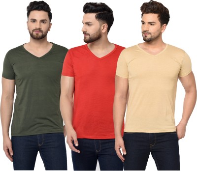 Jaskart Solid Men V Neck Dark Green, Red, Beige T-Shirt