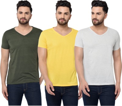 Jaskart Solid Men V Neck Dark Green, Grey, Yellow T-Shirt