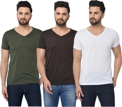 Jaskart Solid Men V Neck Dark Green, White, Black T-Shirt