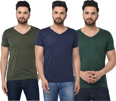 Jangoboy Self Design Men V Neck Dark Blue, Dark Green T-Shirt