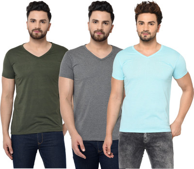 Adorbs Self Design Men V Neck Dark Green, Light Blue, Grey T-Shirt