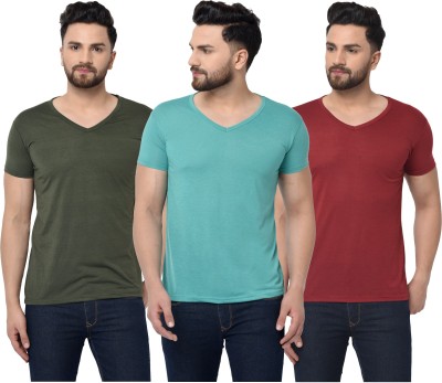 Jaskart Solid Men V Neck Dark Green, Maroon, Blue T-Shirt