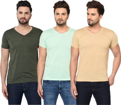 Jangoboy Solid Men V Neck Dark Green, Light Blue, Beige T-Shirt