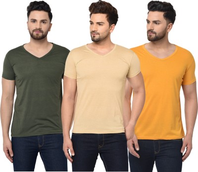 Adorbs Solid Men V Neck Dark Green, Beige, Yellow T-Shirt