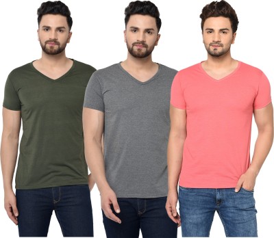 Jaskart Solid Men V Neck Dark Green, Pink, Grey T-Shirt