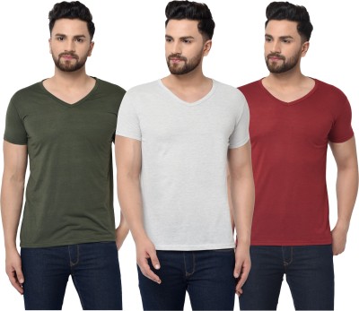 Jaskart Solid Men V Neck Dark Green, White, Maroon T-Shirt