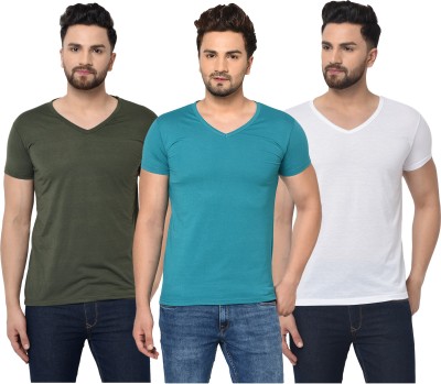 Adorbs Solid Men V Neck Dark Green, Light Blue, White T-Shirt