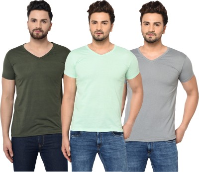 Jaskart Solid Men V Neck Dark Green, Grey, Light Green T-Shirt