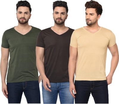 Jangoboy Solid Men V Neck Dark Green, Brown, Beige T-Shirt