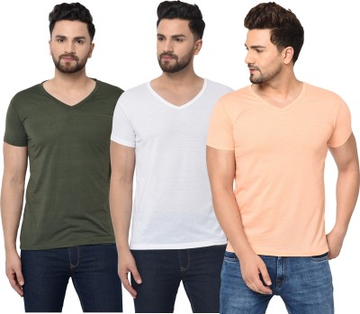 Jaskart Solid Men V Neck Green, White, Beige T-Shirt