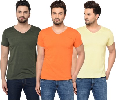 Jangoboy Solid Men V Neck Dark Green, Orange, Yellow T-Shirt