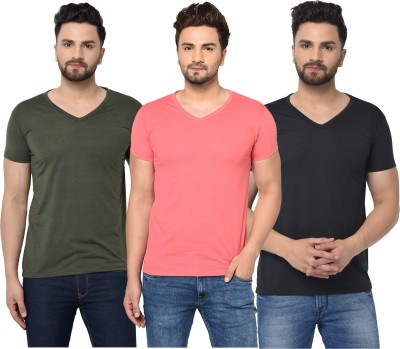 Jaskart Solid Men V Neck Red, Green, Black T-Shirt